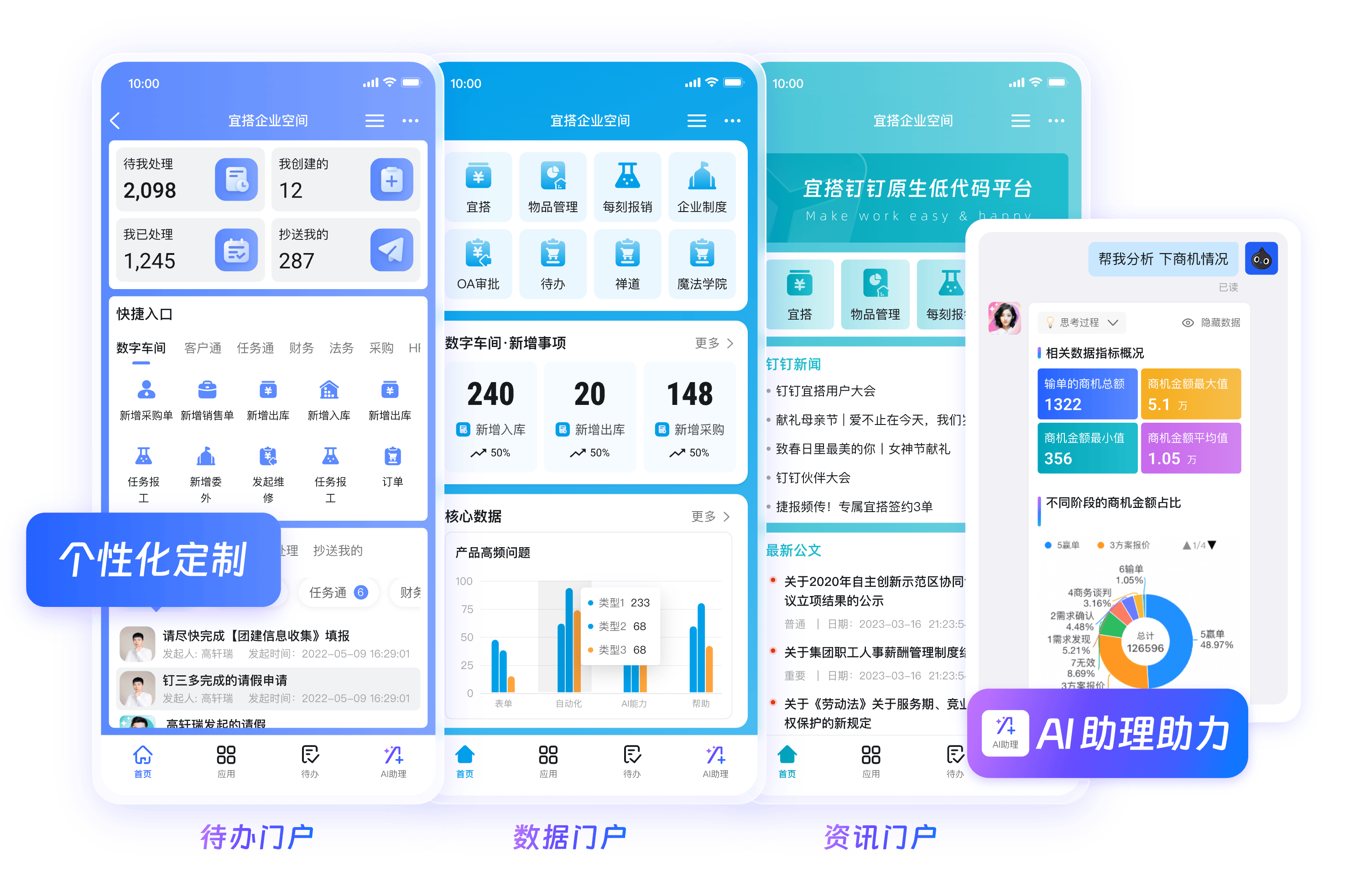 钉钉官网 - 钉钉网页版移动端界面展示，待办门户与数据门户